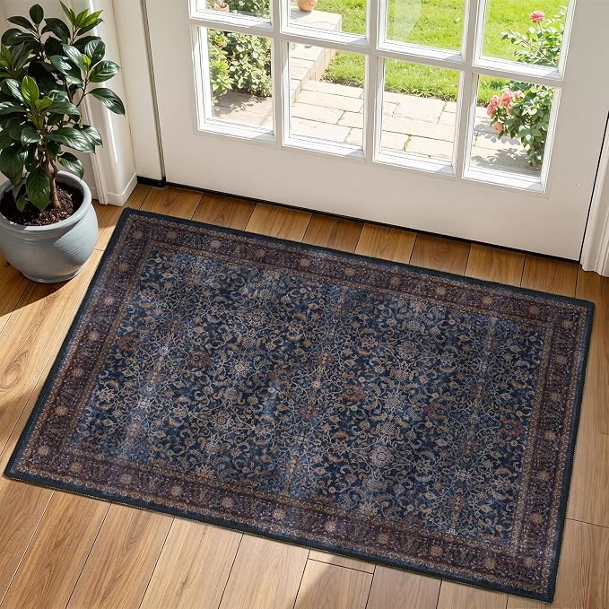 Dark Blue Washable Entryway Rug 2x3, Vintage Print Kitchen Bathroom Rugs Non Slip, Maximalist Small Rug for Bedroom Old Money Aesthetic, Low Pile Ultra Thin Door Mat Indoor Entrance