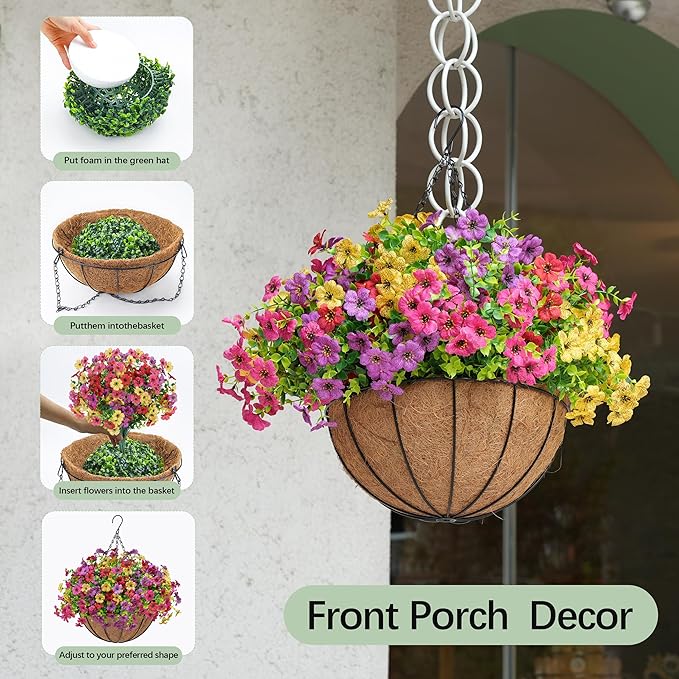 Der Rose Artificial Hanging Flowers Basket for Outdoors Fake Hanging Plants Spring Summer Decoration UV Resistant for Garden Front Porch Patio Balcony Decor
