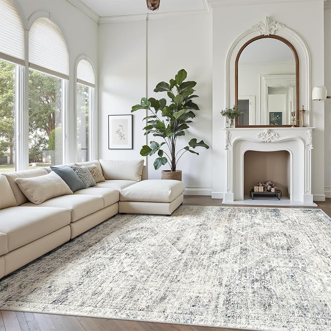 Soalmost Washable Area Rug 8x12, Large Soft Rugs for Living Room Vintage Blue Ivory Carpet 8x12 Area Rugs for Bedroom Dining Room Non-Slip Stain Resistant Under Table Rug