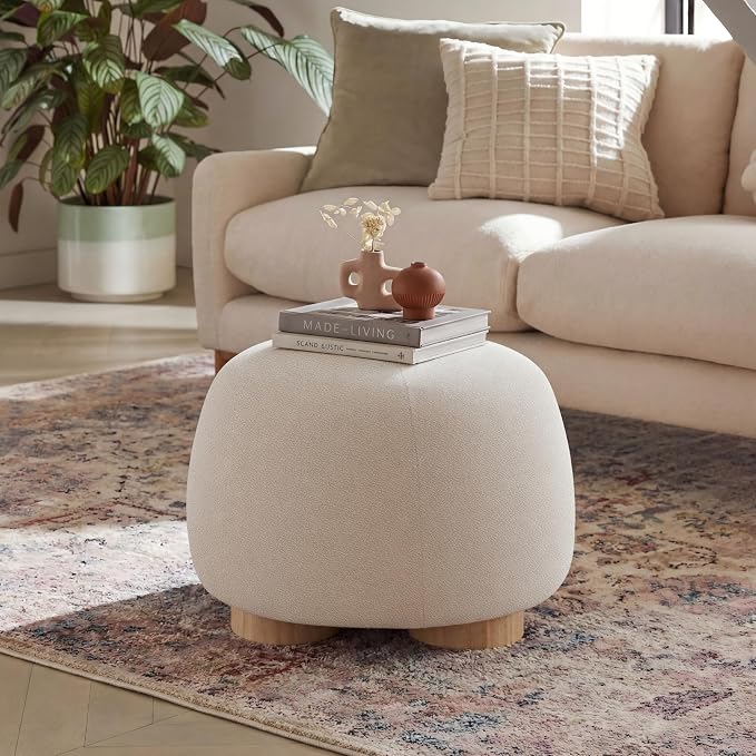 Christopher Knight Home Aria 20.08" Round Fabric Ottoman Stool, Upholstered Footrest with Foam Seat, Modern Accent Ottomans with Wood Legs, Small Footrest for Entryway Living Room, Oatmeal