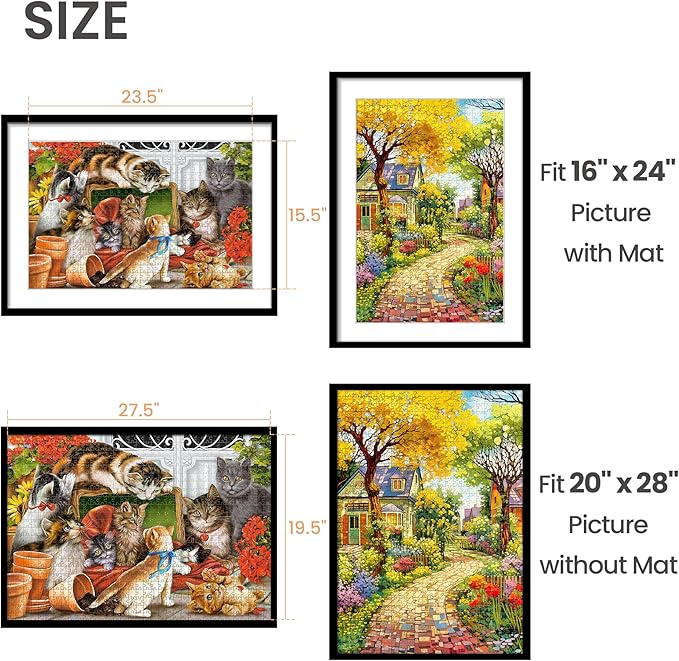 upsimples 20x28 Picture Frame Set of 5, Display Poster 16x24 with Mat or 50.8x71.1 cm Without, Wall Hanging 1000 Pieces Puzzles Frames, Black