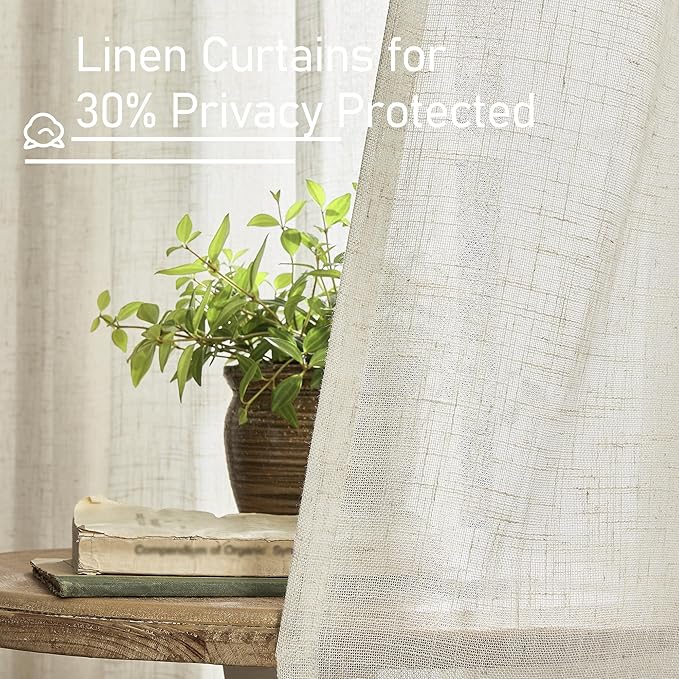 LAMIT Light Filtering Linen Curtains 72 inches Long for Bedroom, Linen Textured Semi Sheer Back Tab and Rod Pocket Natural Boho Drapes for Living Room, Natural, 2 Panels, 34 x 72 Inch