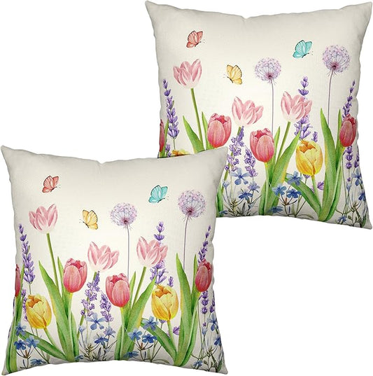 Pink Tulip Decorative Pillow Covers Spring Summer Outdoor Pillow Covers 16x16 Purple Lavender and Dandelion with Butterflies Cushion Case for Living Room Garden Patio Sofa Set of 2