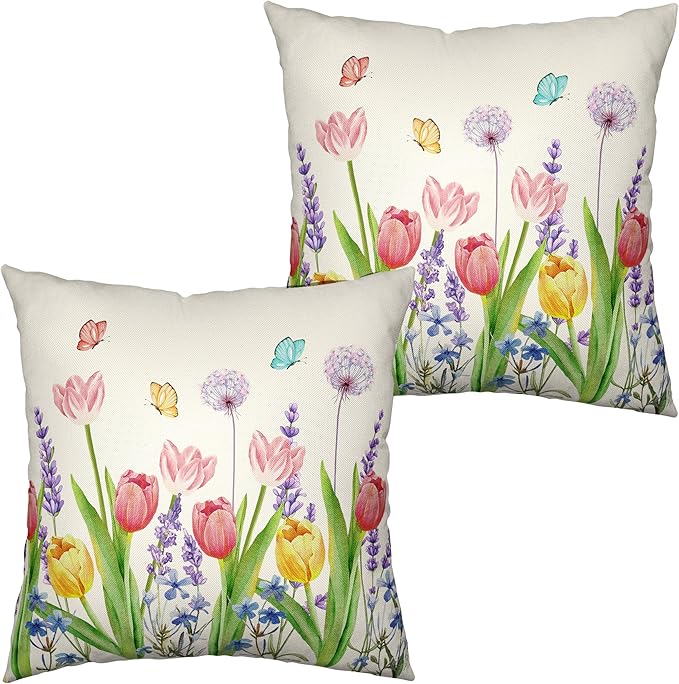 Summer Floral Throw Pillows Cover 18x18 Set of 2 Pink Tulip Flower Pillow Covers Lavender Dandelion Butterfly Decorative Pillow Case for Farmhouse Patio Sofa Couch