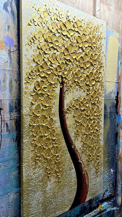 Yika Art Paintings - 24X48 Inch 3D Golden Flower Tree Wall Art Abstract Textured Knife Platte Acrylic Painting on Canvas 3D Flowers Tree Paintings Ready to hang