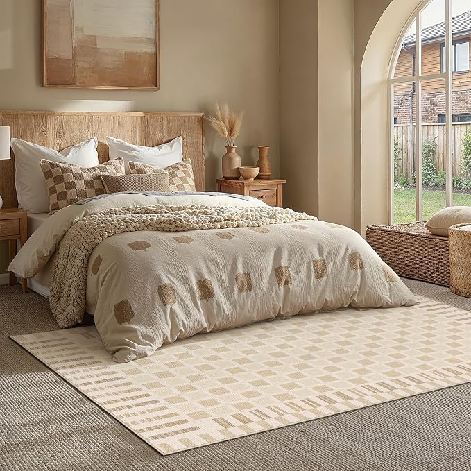 PureCozy Machine Washable Beige 6x9 Area Rugs for Living Room Modern Soft Large Checkered Rug Non-Slip Low Pile Accent Indoor Office Carpet for Bedroom Dining Room Nursery Classroom