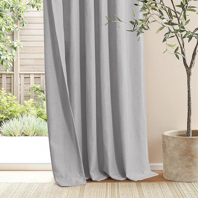 Grey Bedroom Curtains 63 Inch Length for Living Room 2 Panel Back Tab Burlap Boho Semi Sheer Dove Gray Light Filtering Linen Pleated Curtains for Nursery Teen Boys Room Office Modern Farmhouse Decor