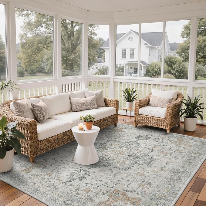 GENIMO Outdoor & Indoor Area Rug 8'x10', Waterproof, Non-Shedding, Easy Cleaning, Boho Mat for Patio, Living Room, Balcony, Dining Room, RV, Deck, Bedroom, Camping, Outside Carpet,Light Grey Brown