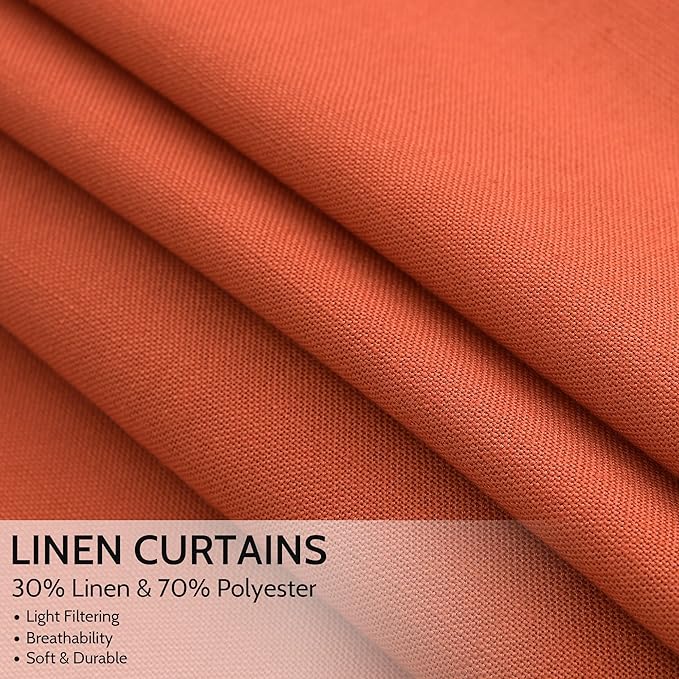 Nanspring Bright Orange Linen Blend Light Filtering Back Tab Curtains 108 Inches Long, Semi Sheer Privacy Drapes for Living Room & Bedroom, 52x108 inch, 2 Panels