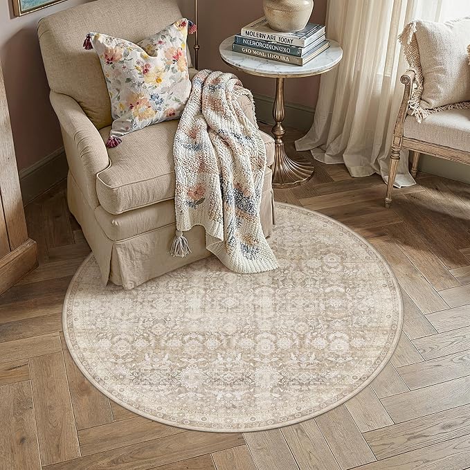 4R Beige Washable Neutral Area Rug for Living Room Floral Non Slip Low Pile Round Rug Indoor Vintage Traditional Stain Resistant Distressed Carpet Bedroom Nursery Classroom Office Playroom