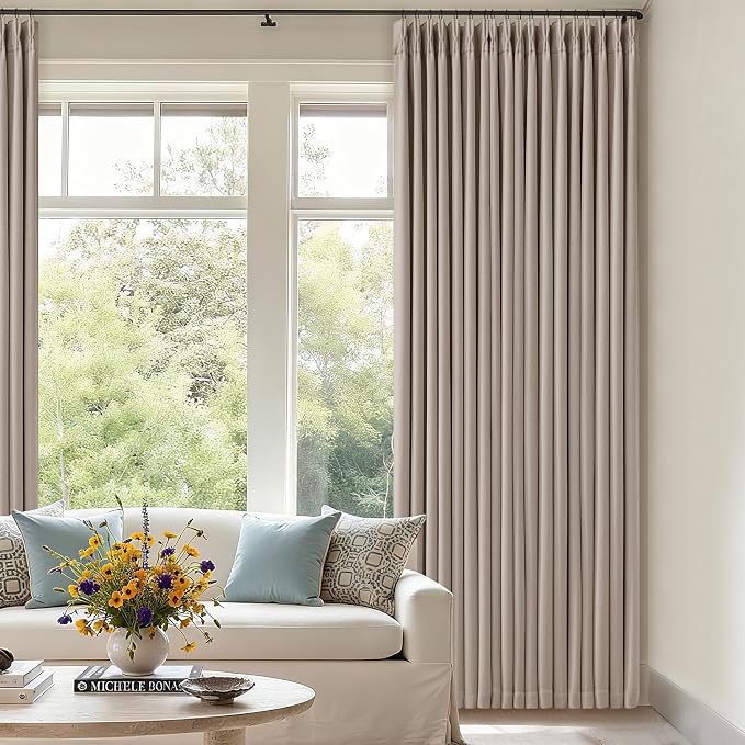 Burlywood Greige Pinch Pleated 100% Blackout Linen Curtains 86 Inch Length 2 Panels Set Pinch Pleat Curtains Black Out Light Blocking Room Darkening Drapes with Liner for Bedroom Living Room Window