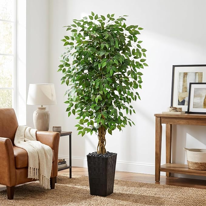 Artificial Ficus Tree 5FT Faux Floor Tree with Planter UV Resistant Potted Fake Silk Plant - Faux Trees Indoor Outdoor Lifelike Fake Ficus Tree for Home, Living Room Bedroom Topiary Tree