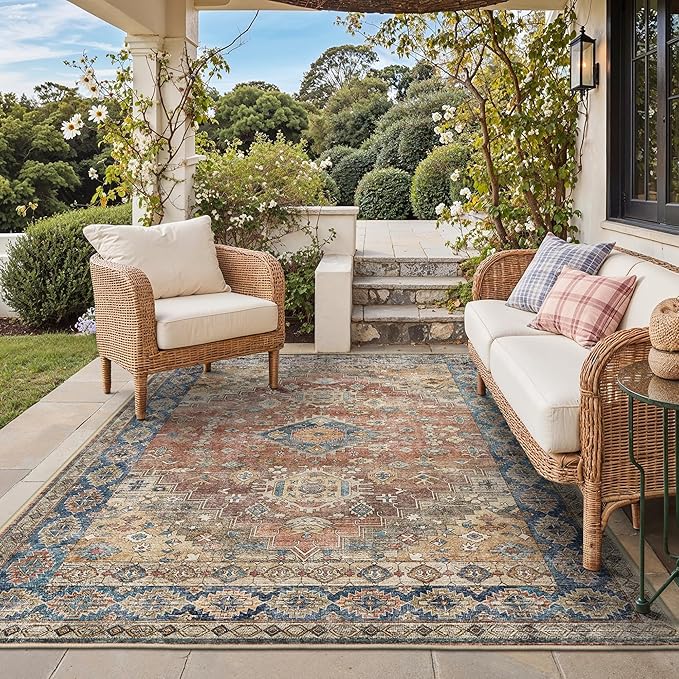 GENIMO Outdoor & Indoor Area Rug 5'x8', Waterproof, Non-Shedding, Easy Cleaning, Boho Mat for Patio, Living Room, Balcony, Dining Room, RV, Deck, Bedroom, Camping, Outside Carpet,Antique Red