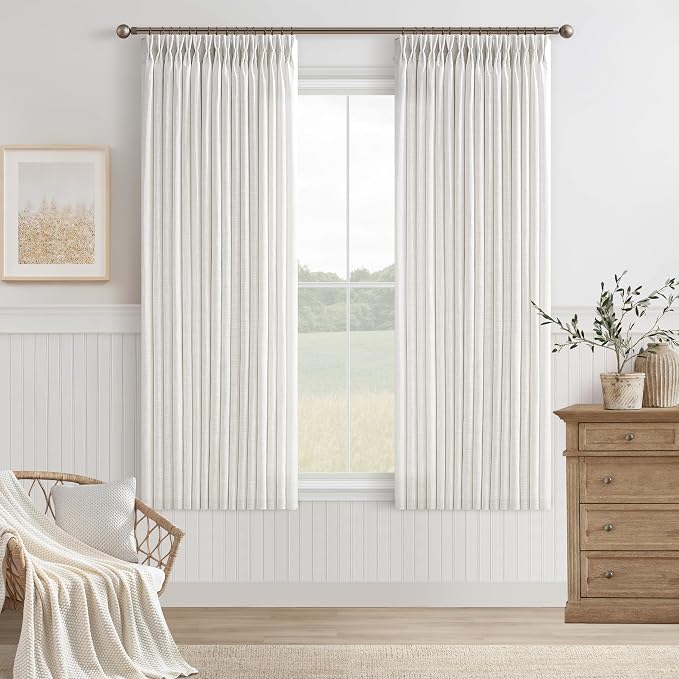 Beige White Linen Pinch Pleated Window Curtains 63 Inch Long Pinch Pleat Back Tab Light Filtering Drapes Rings Hooks Boho Farmhouse Decor Semi Sheer 63 Inch Curtain for Bedroom Living Room Kitchen