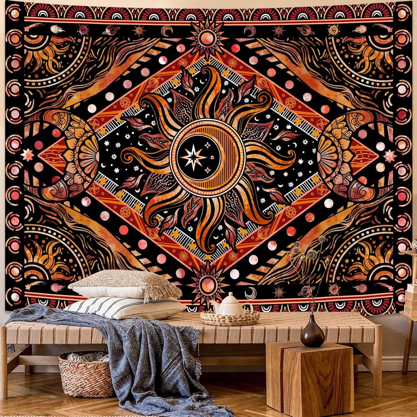 Lunerfex Hippie Sun and Moon Tapestry Bohemian Celestial Tapestries Aesthetic Tapestry for Bedroom and Living Room Decor Sun and Moon 36×48 Inches