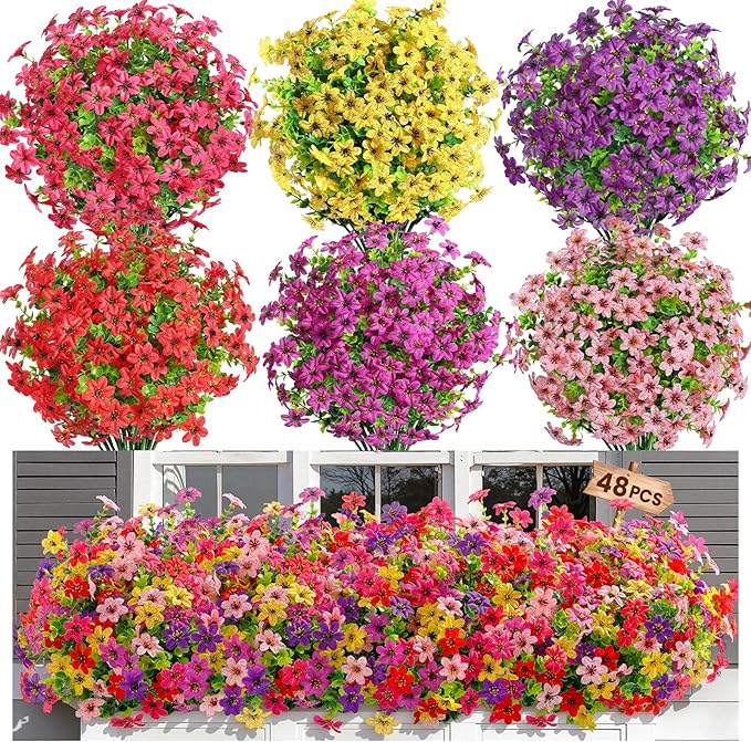 SHareconn 48 Bundles Artificial Flowers for Outdoors Spring Decoration, Fake Silk Realistic Faux Plants UV Resistant for Outside Planter Porch Patio Indoor Decor, RedRosePurpleYellowPinkDeeppurple