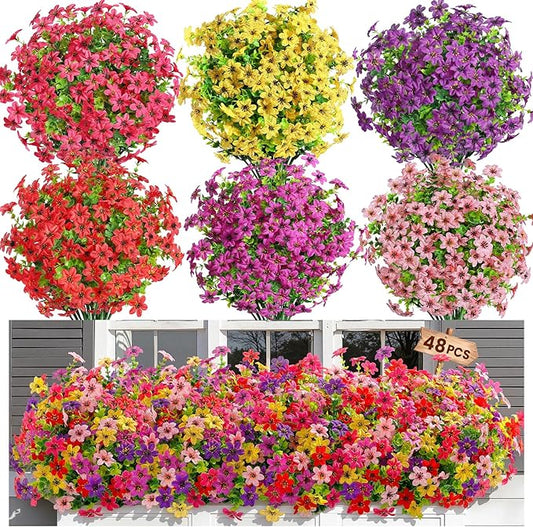 SHareconn 48 Bundles Artificial Flowers for Outdoors Spring Decoration, Fake Silk Realistic Faux Plants UV Resistant for Outside Planter Porch Patio Indoor Decor, RedRosePurpleYellowPinkDeeppurple