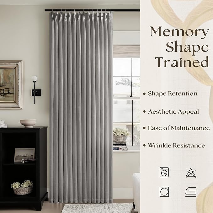 Pinch Pleated Gray Linen Curtains 108 Inches Long for Living Dining Room with Hooks Rings Back Tab Pinch Pleat Drapes Extra Long Grey Light Filtering 108 Inch Curtains for Bedroom 9FT 2 Panels