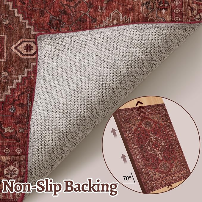 Tangsoo Boho 2.6x14 Runner Rug for Hallways Non Slip, Red Washable Runner Rug, Vintage Soft Low Pile Long Rug Runners, Oriental Print Carpet Runners for Kitchen Bedroom Entryway Living Room