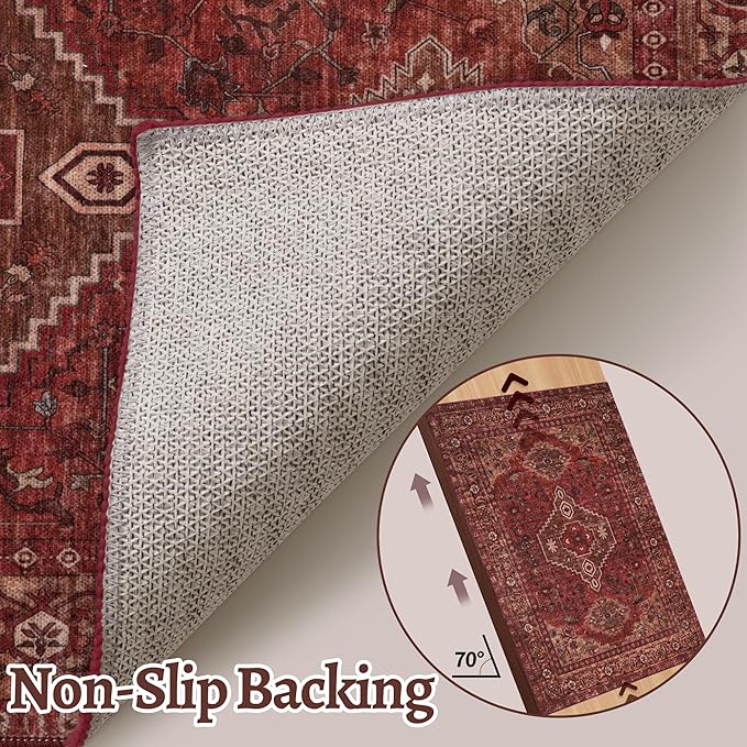 Tangsoo Red Oriental 2x5 Washable Runner Rug for Hallways, Non Slip Boho Runner Rug, Vintage Soft Low Pile Long Rug Runner, Carpet Runners for Kitchen Bedroom Entryway Bathroom Living Room Dark Red
