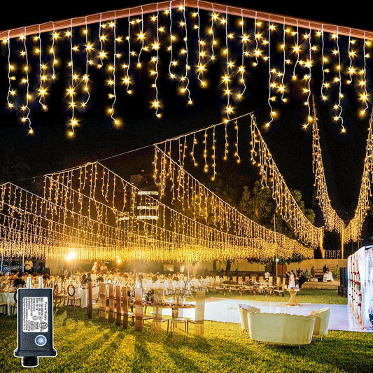 132ft Icicle Lights for Outside - 1280 LED Warm White Twinkle Lights with 240 Drops, 8 Modes Plug in Waterproof Timer Memory. Cannot be Extended. The Plug is in the Middle (66ft+66ft)