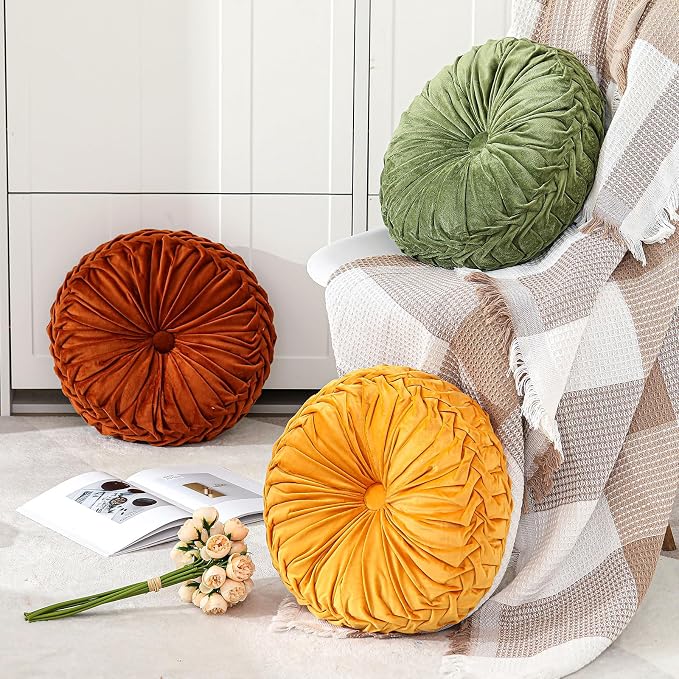 Drydiet 1 Pcs Round Throw Velvet Pillows Decorative Pleated Throw Pillows Diameter Accent Pumpkin Boho Chair Cushion for Couch Sofa Home Decoration (Olive Green,15'')