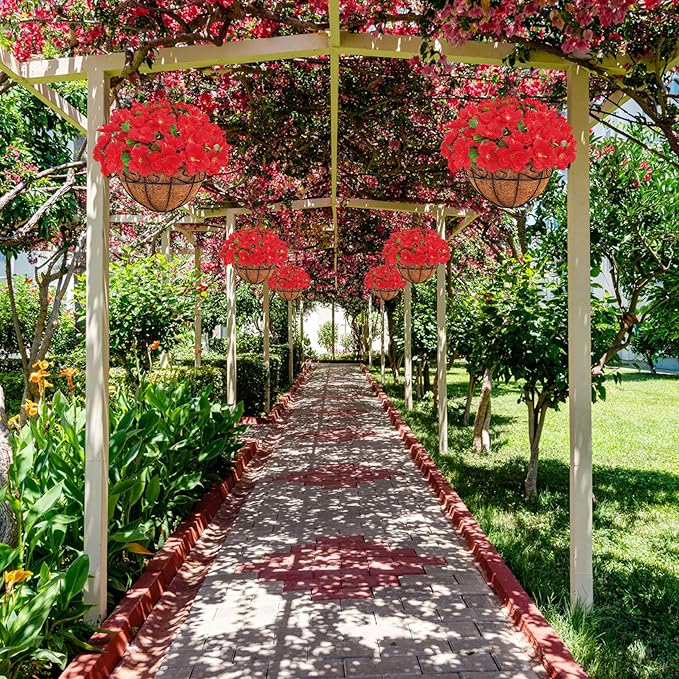 Ouddy Decor Artificial Hanging Flowers with Basket, Silk Fake Azalea Flowers in Coconut Lining Hanging Basket for Indoor Outdoor Yard Garden Patio Home Room Porch Decorations (Red)