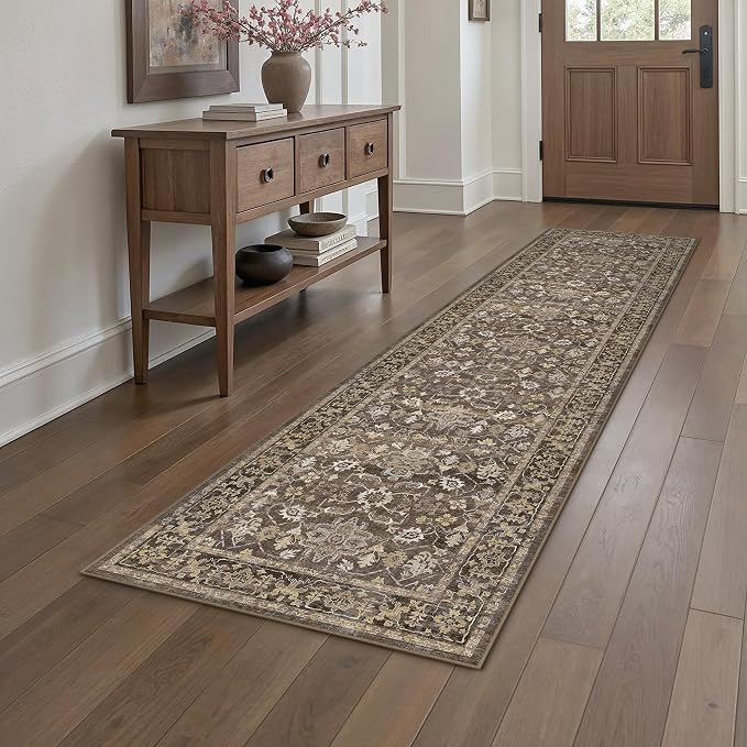 2x8 Brown Washable Vintage Runner Rug for Living Room Long Floral Non Slip Runner Area Rug Modern Low Pile Stain Resistance Carpet Doormat Hallway Kitchen Stair Bedroom Bathroom