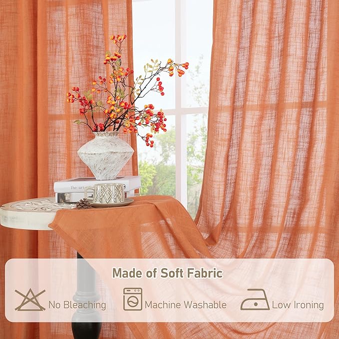 LAMIT Burnt Orange 78 inch Linen Curtains for Living Room 2 Panels, Linen Textured Light Filtering Semi Sheer Back Tab and Rod Pocket Panels for Bedroom/Farmhouse, 52 x 78 Inch