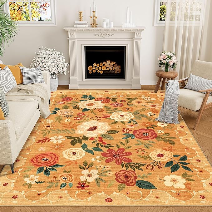 DUKINO 9x12 Area Rug, Floral Rugs for Living Room, Lightweight Non Slip Washable Rug, Indoor Low Pile & Non-Shedding Boho Design Rugs for Bedroom, Living Room, Dining Room, Orange