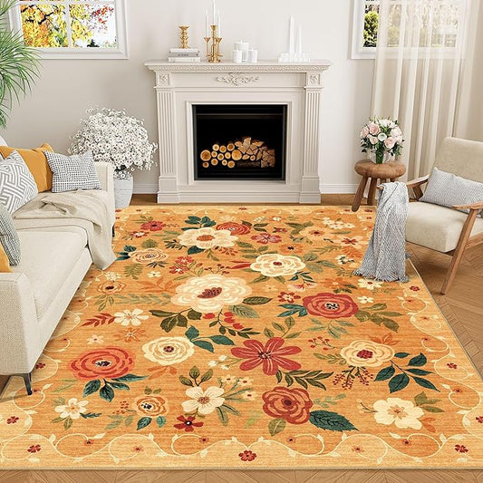 DUKINO 9x12 Area Rug, Floral Rugs for Living Room, Lightweight Non Slip Washable Rug, Indoor Low Pile & Non-Shedding Boho Design Rugs for Bedroom, Living Room, Dining Room, Orange