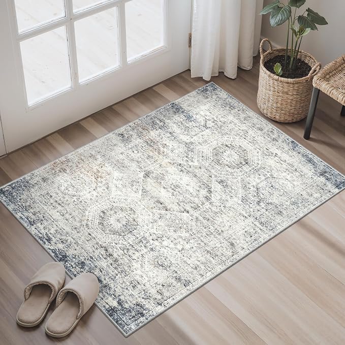 Soalmost 2x3 Washable Rugs for Kitchen, Floor, Entryway, Powder Room Small Area Rug Non-Slip Vintage Low Pile Throw Door Mat Blue Ivory