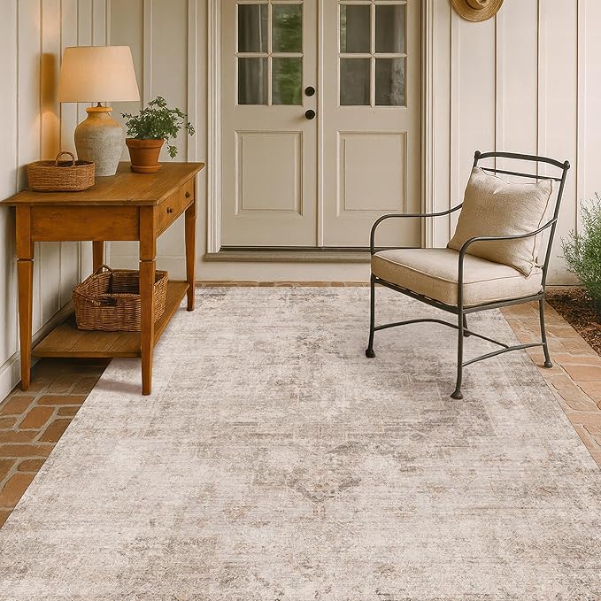 Hazo Haus Beige & Brown 5x8 Area Rugs for Bedroom - Abstract Distressed Farmhouse Rug for Living Room, Home Office, Foyer, Kitchen Table, Foldable Soft Washable Low Pile Non Slip Stain Resistant