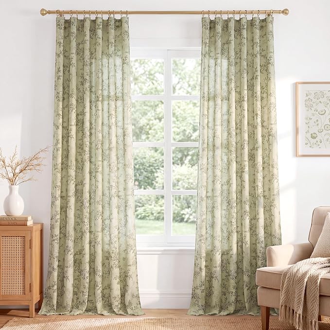 StangH Cottagecore Floral Curtains for Bedroom, Linen Curtains Natural Fabric Vintage Butterfly Print Light Filtering Privacy Drapes for Living Room, Sage Green, W52 x L90, 2 Panels