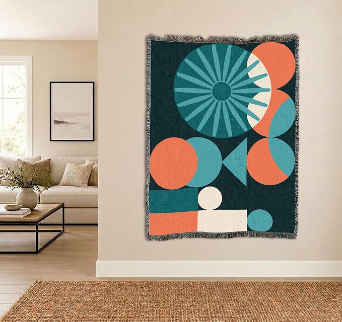Pure Country Weavers Mod Shapes Teal Blanket - Mid Century Modern - Gift Tapestry Throw Woven from Cotton - Made in The USA (72x54)