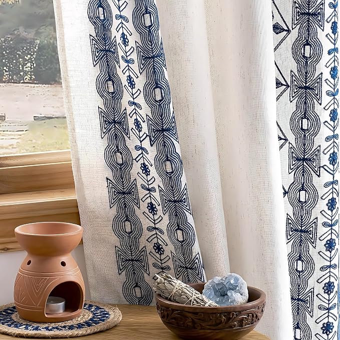 NICETOWN Boho Curtains with Navy Blue Trim 84" Long 2 Panels, Embroidered Cream Linen Textured Geometric Drapes with Antique Bronze Grommets, Light Filtering Window Treatment for Living Room & Nursery