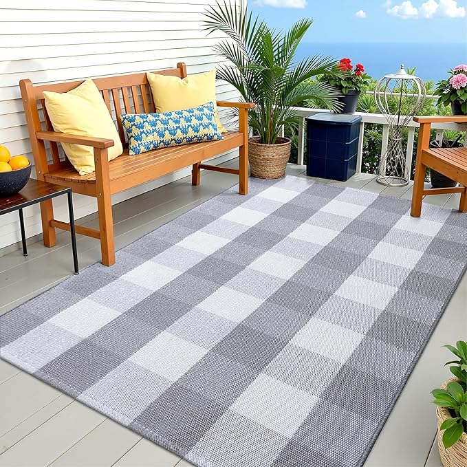 OLANLY Buffalo Plaid Rug 3' x 5' – Grey and White Cotton Checkered Doormat, Washable Indoor Outdoor Rug for Layered Front Porch, Kitchen, Entryway Decor