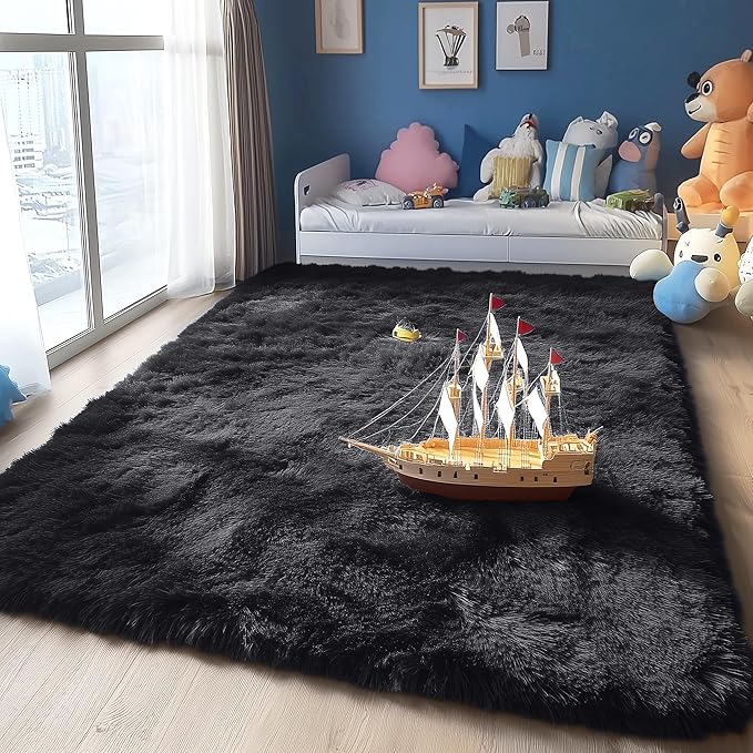 OLANLY 4x10 Area Rugs for Living Room Bedroom, Machine Washable Soft Fluffy Shaggy Bedside Rug, Indoor Floor Carpet for Kids Girls and Boys, Dorms, Nursery Rooms, Home Decor Aesthetic, Black