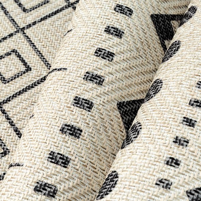 HUGEAR 3x5 Outdoor Rug Black/Beige Linen-Look Fabric Boho Area Rug High Traffic Stain Resistant Easy Clean Durable Rugs for Indoor/Outdoor Patio Deck Balcony Porch Garden Courtyard