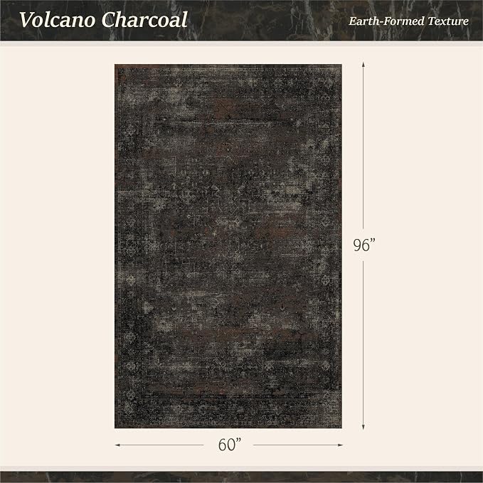 Black 5x8 Washable Area Rug for Living Room & Home Office, Non-Slip Low Pile Dark Rug for Bedroom & Dining Room, Stain Resistant Distressed Volcanic Charcoal with Red Accents, Modern Farmhouse Design