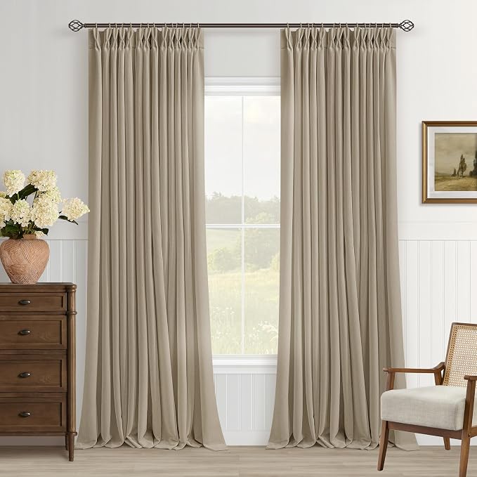 Flax Linen Curtains 108 Inches Long Pinch Pleat for Living Room Dining 2 Panels Tan Khaki Greyish Brown Light Filtering Privacy 108 Inch Pleated Drapes Hooks Rings Back Tab for Sliding Door Bedroom