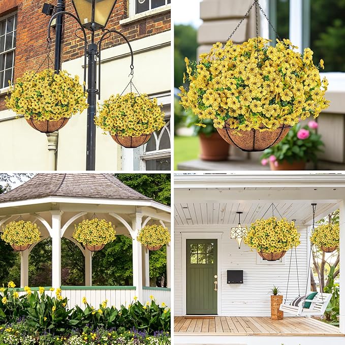Ouddy Decor Artificial Hanging Flowers with Basket, Fake Hanging Plants with Faux Silk Flowers UV Resistant for Outdoors Indoors Spring Summer Porch Patio Balcony Yard Home Decorations, Yellow
