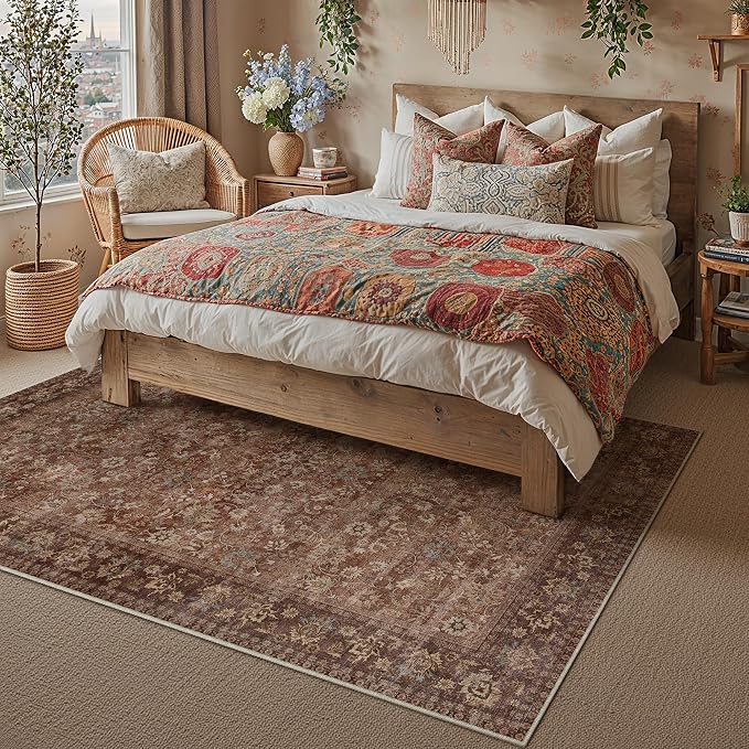 HUGEAR 4x6 Machine Washable Rugs Brick Red Hallway Area Rug Indoor Accent Rug Floral Low Pile Carpet Soft Throw Rug Bedroom Living Room Office Dining Room Kitchen Laundry Room Non Slip