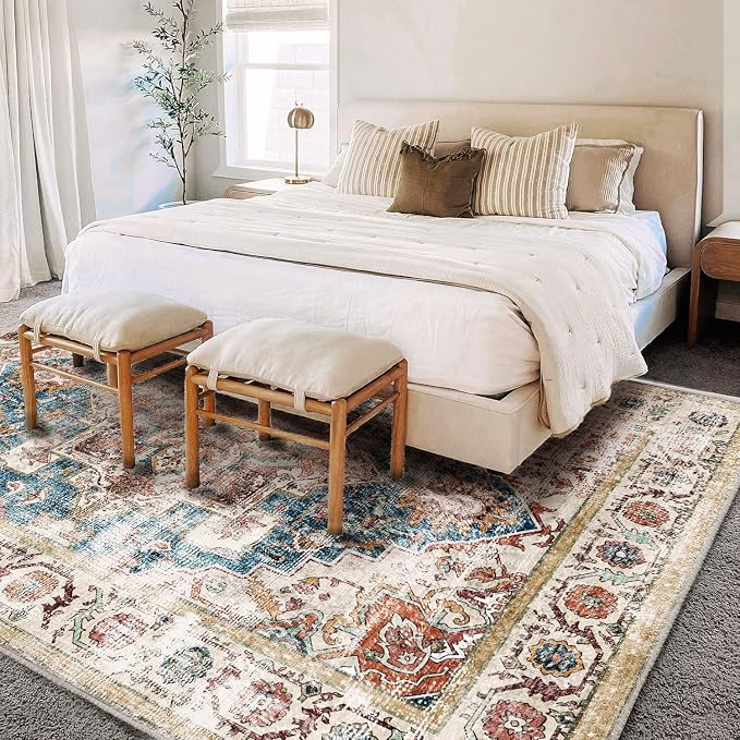 CHAMPLANT Beige Blue Washable Area Rug 8'x10' Boho Chic Medallion Distressed Design Non-Shedding Easy Care Ideal for High Traffic Areas in Living Room Bedroom Office Coffee Table Large Carpet