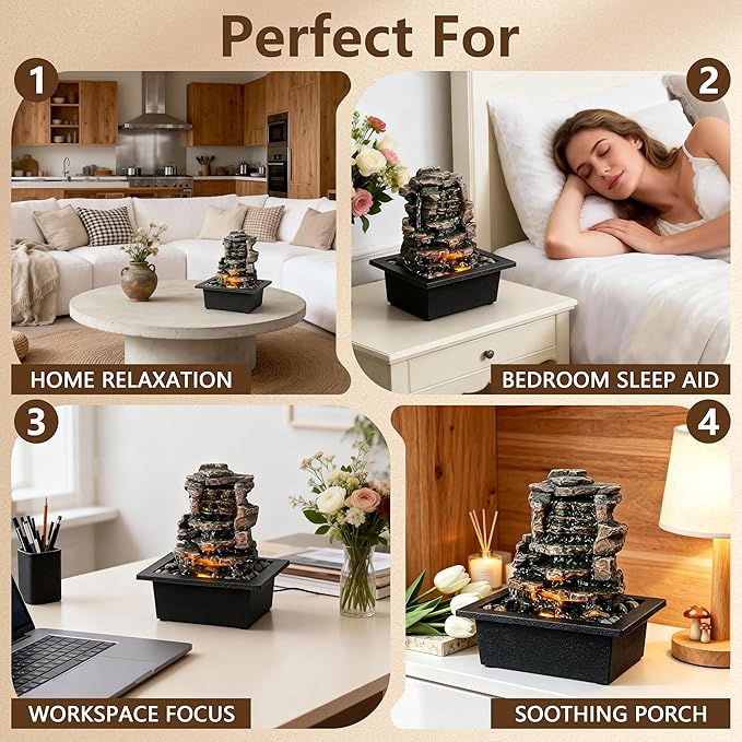 GOSSI Home Décor Waterfall Meditation Fountain Indoor Tabletop Many Natural River Rocks Decorated Office Home Tabletop Fountion with LED Lights Christmas Decorations
