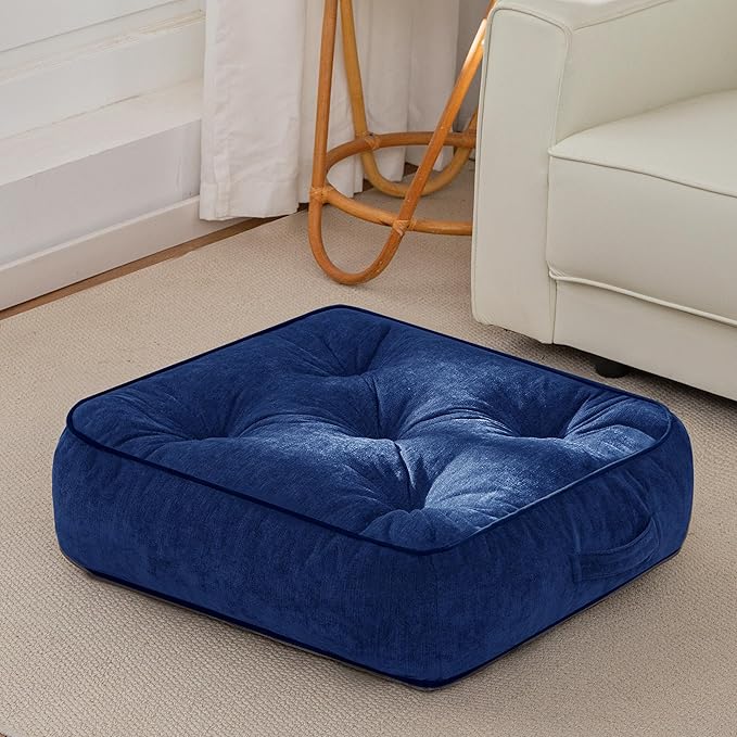HIGOGOGO 6" Extra Thick Floor Pillow Cushion for Adults, Meditation Cushion Pillow with Handle, Lustrous Chenille Tufted, Square Floor Sitting for Tatami Living Room or Yoga, 22x22 Inch, Navy