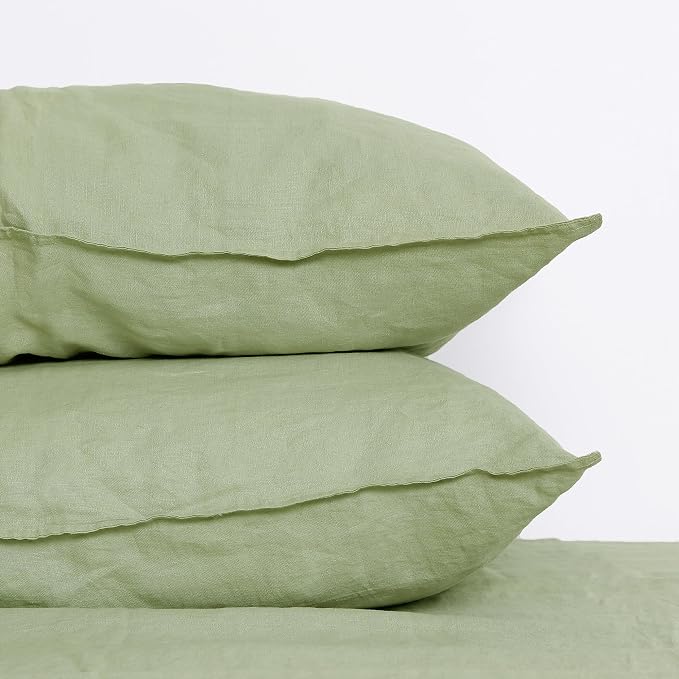 Linen World Natural Linen Pillowcase Set - Stone Washed Moisture-Absorbing,Queen Size (20''x30''),Sage Green