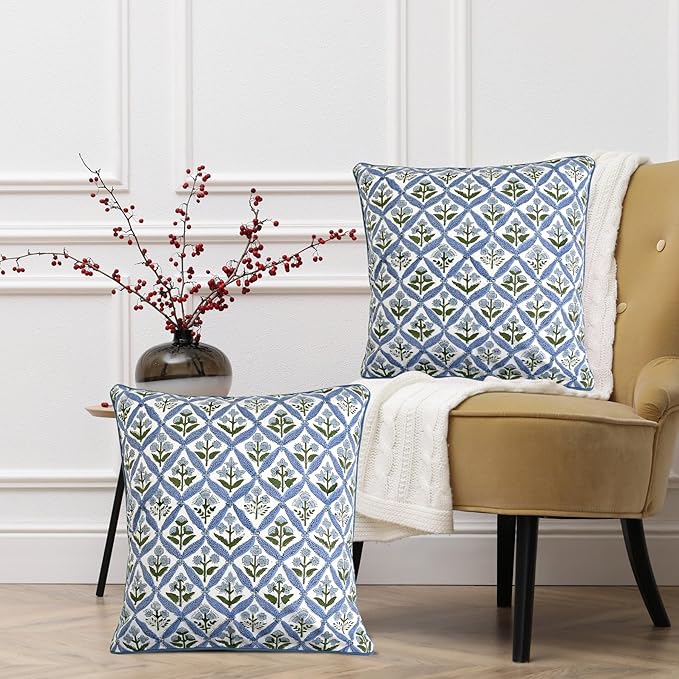 Ridhi Block Print Light Steel Blue Pillow Cover 20" x 20" (Pack of 2) Decorative Couch Pillows for Living Room, Chic Boho Cute Outdoor Pillows Covers Gifts for Spring, Easter and Valentine