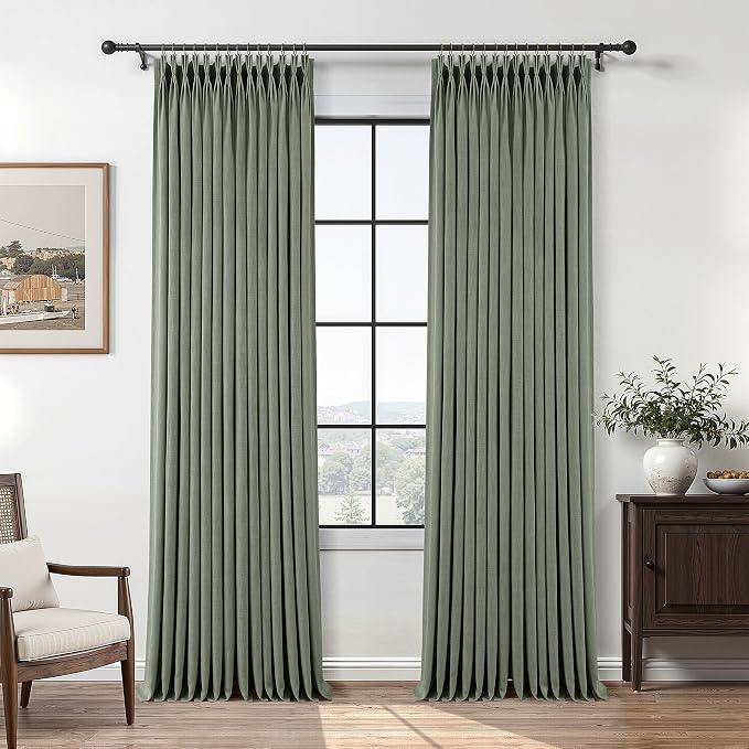 Sage Green Pleated Linen Curtains 102 Inch Length 2 Panels Set Semi Sheer Light Filtering Privacy Window Drapes for Living Room Modern Viral Pinch Pleated Curtains 102 Inches with Hooks Rings Clips