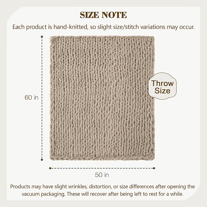 Carriediosa Chunky Knit Throw Blanket 50" X 60", 100% Hand Made Large Chenille Loop Yarn Soft Fluffy Throws for Couch Sofa Bed, Big Crochet Cozy Heavy Thick Cable Woven Blankets, Taupe